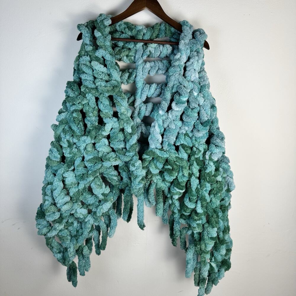 Handmade Chunky Knit Shawl Wrap Scarf Ombre Teal Green Boho Cozy Open Weave Yarn